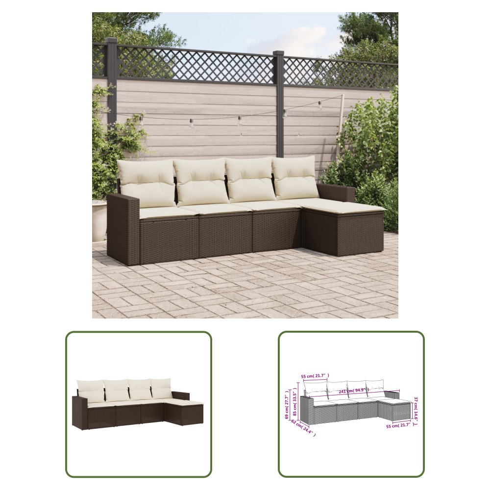 The Living Store 5-cz. zestaw mebli ogrodowych z poduszkami - brązowy - polirattan - Sofa Ogrodowa