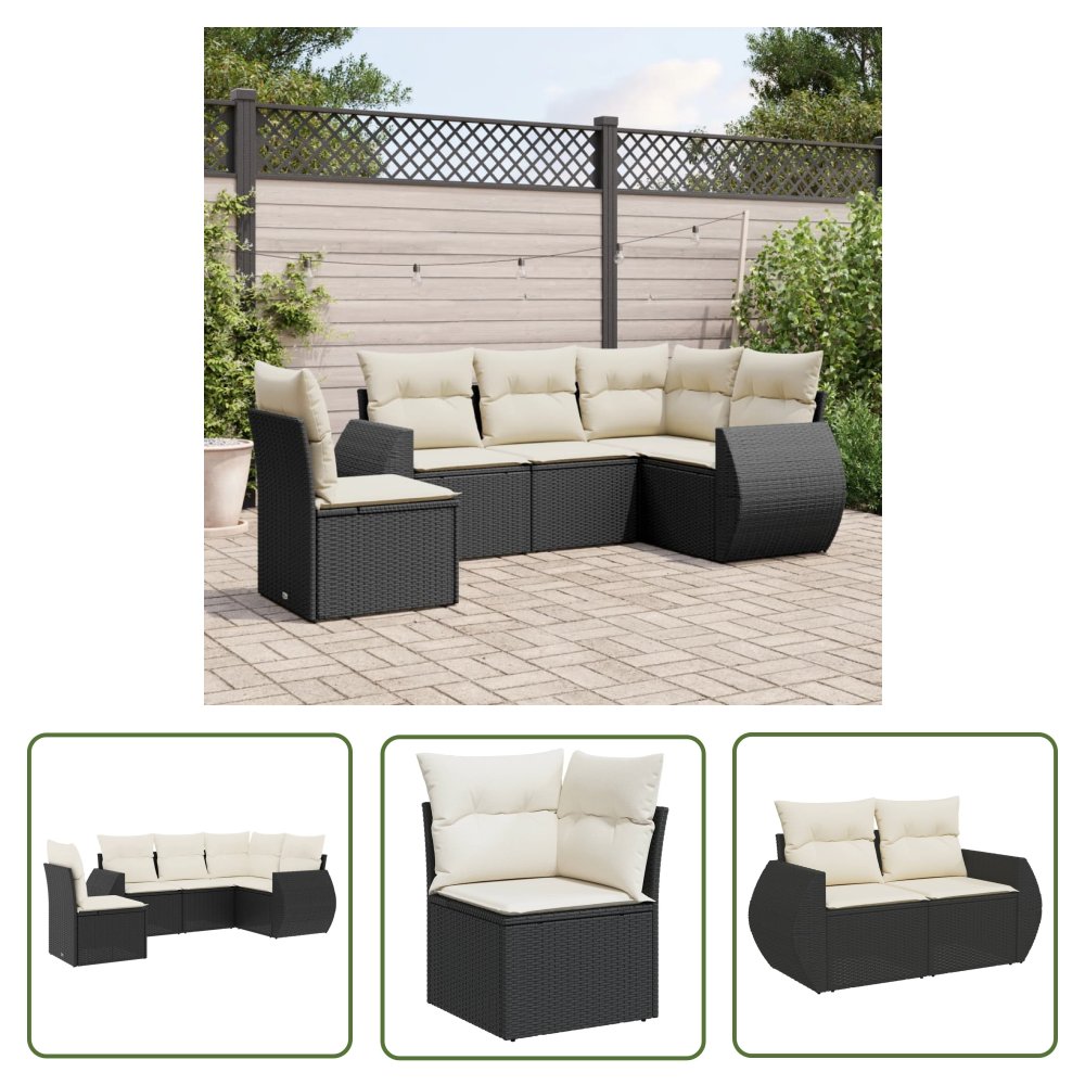 The Living Store 5-cz. zestaw wypoczynkowy do ogrodu - poduszki - czarny rattan PE - Sofa Ogrodowa