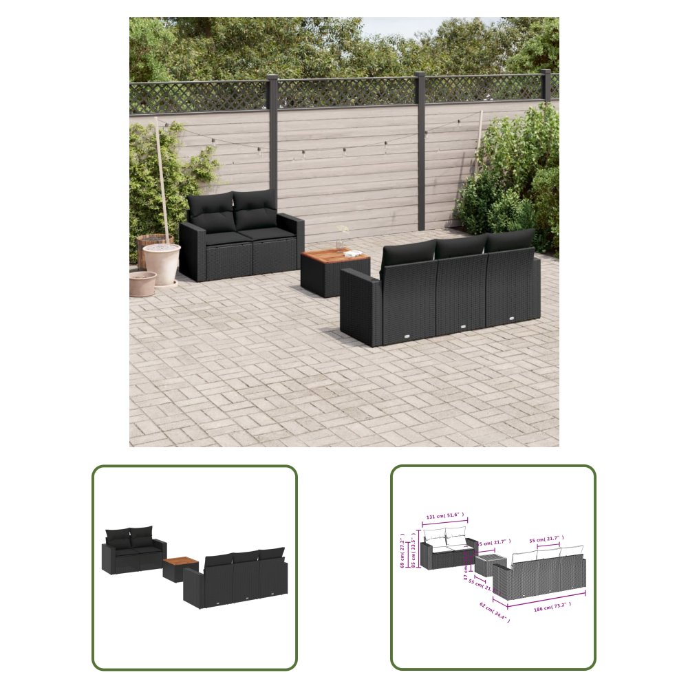 The Living Store 6-cz. zestaw mebli ogrodowych z poduszkami - czarny polirattan - Sofa Ogrodowa