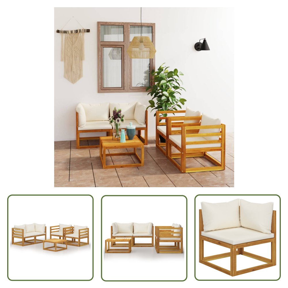 The Living Store 5-cz. zestaw wypoczynkowy do ogrodu - kremowe poduszki - akacja - Sofa Ogrodowa I Stół