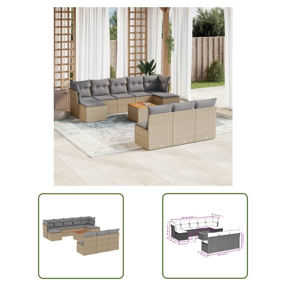 The Living Store 11-cz. zestaw mebli ogrodowych z poduszkami - beżowy - polirattan - Sofa Ogrodowa