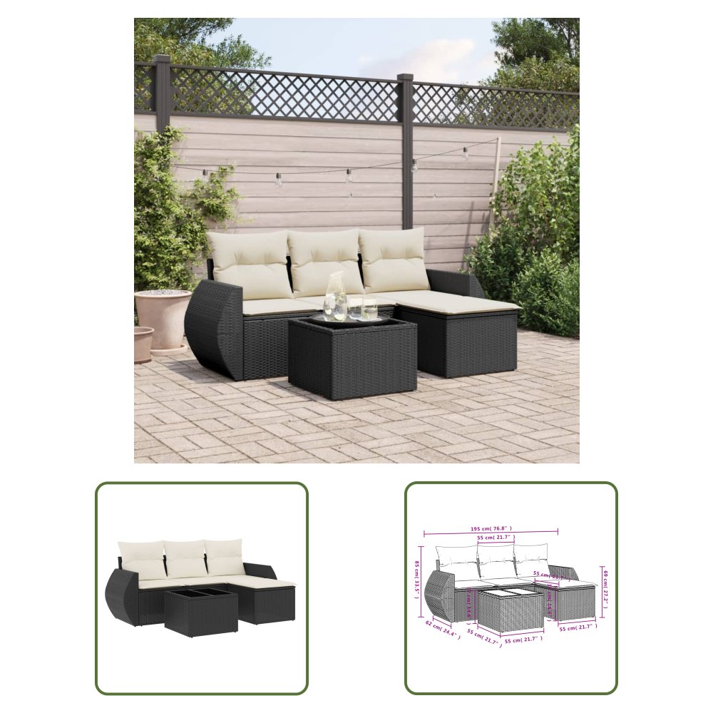 The Living Store 5-cz. zestaw wypoczynkowy do ogrodu - poduszki - czarny rattan PE - Sofa Ogrodowa