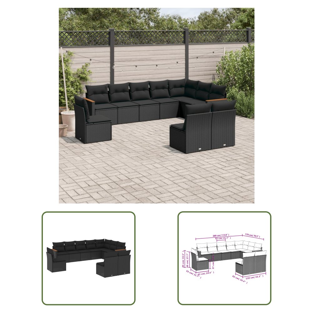 The Living Store 10-cz. zestaw wypoczynkowy do ogrodu - poduszki czarny rattan PE - Sofa Ogrodowa