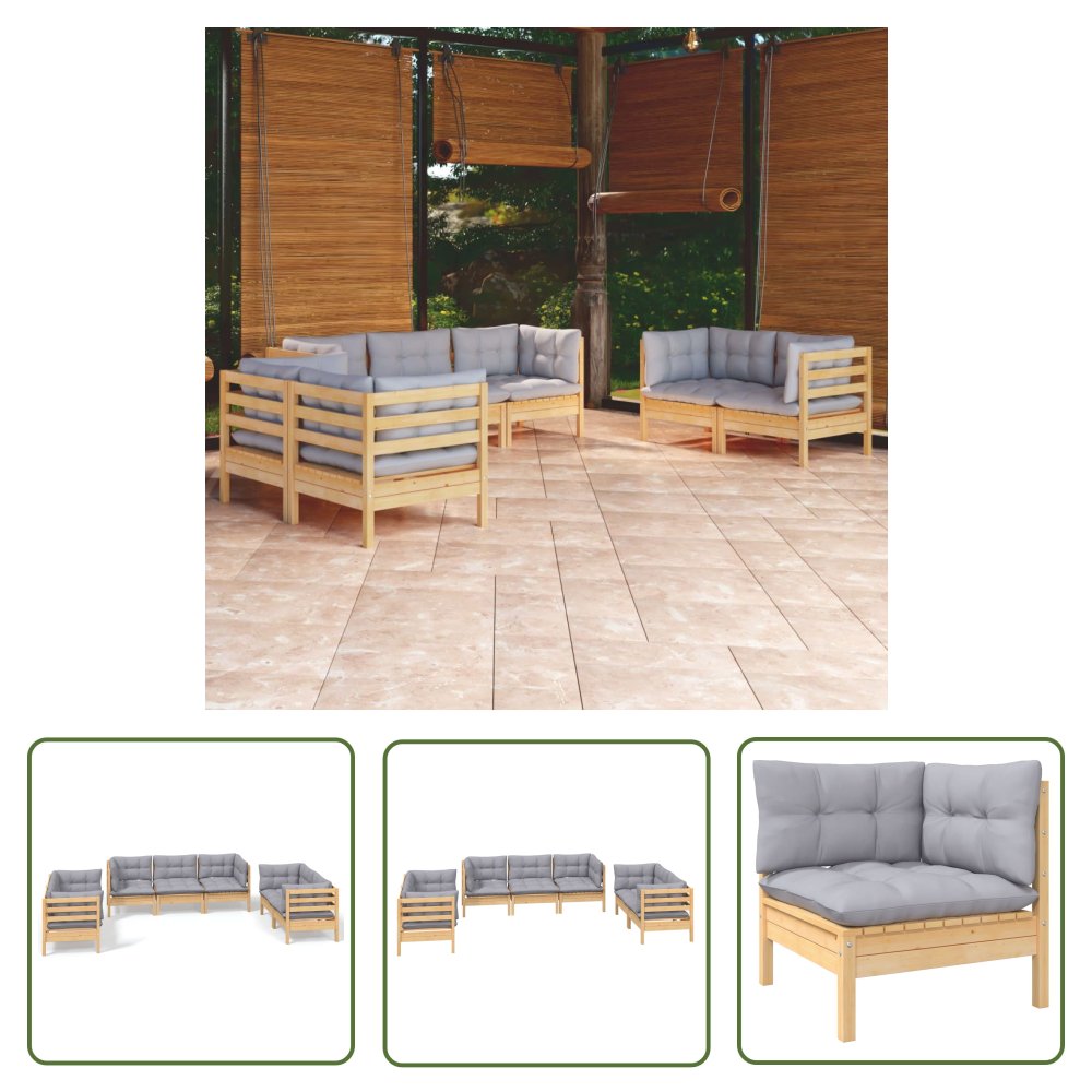 The Living Store 7-cz. zestaw wypoczynkowy do ogrodu - szare poduszki - sosnowy - Zestaw Wypoczynkowy Do Ogrodu