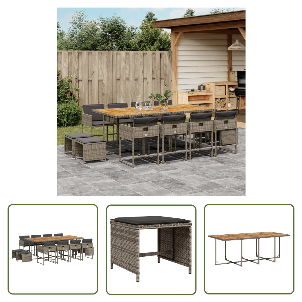 The Living Store 13-cz. zestaw mebli ogrodowych z poduszkami - szary rattan PE - Meble Ogrodowe