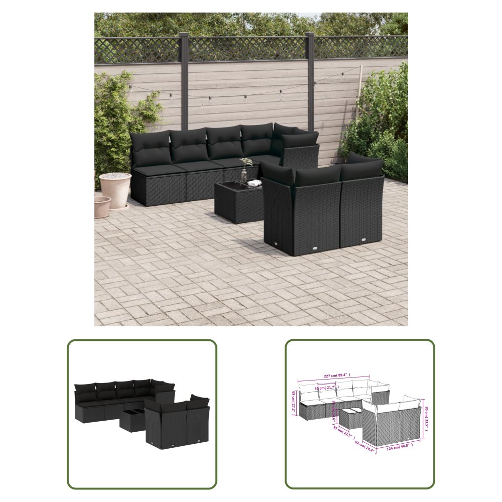 The Living Store 8-cz. zestaw wypoczynkowy do ogrodu - z poduszkami - czarny - Zestaw Wypoczynkowy Do Ogrodu