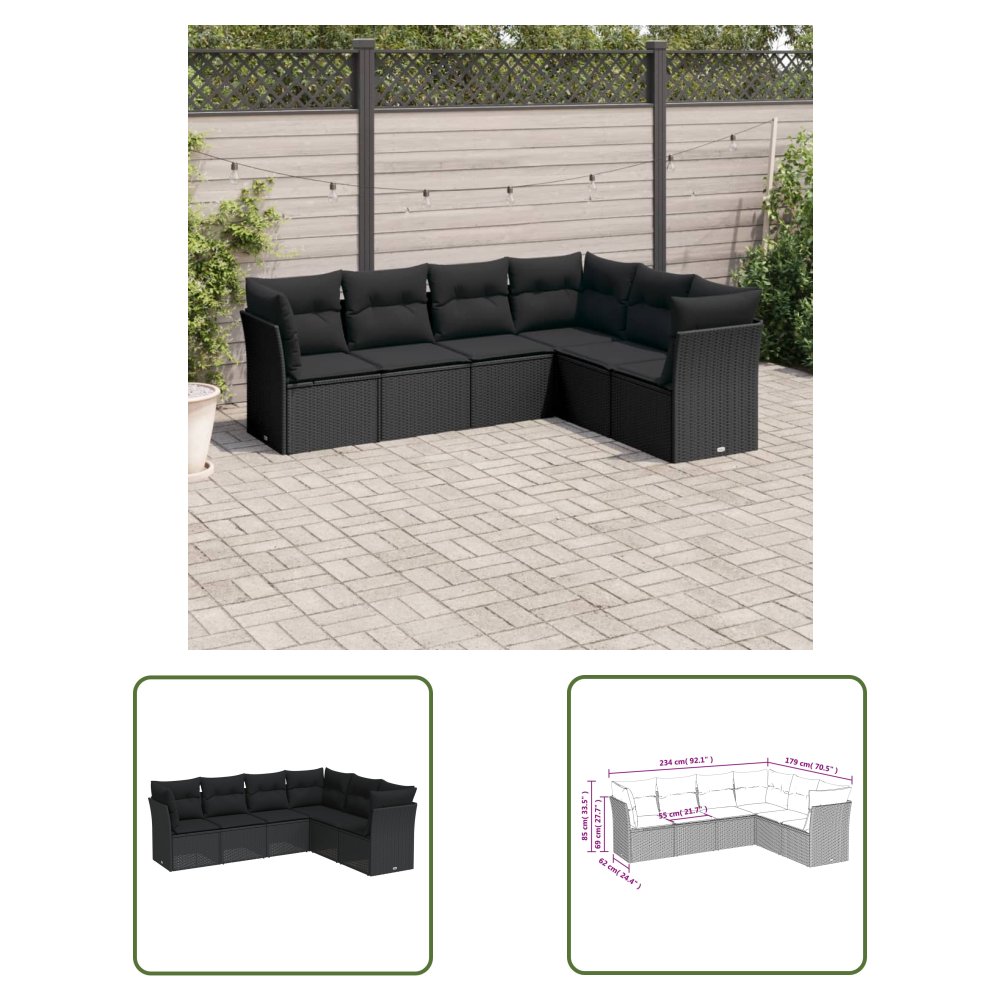 The Living Store 6-cz. zestaw mebli ogrodowych z poduszkami - czarny polirattan - Sofa Ogrodowa