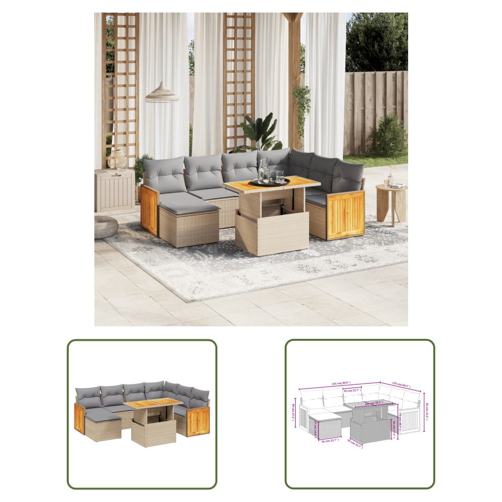The Living Store 8-cz. zestaw mebli ogrodowych z poduszkami - beżowy - polirattan - Sofa Ogrodowa