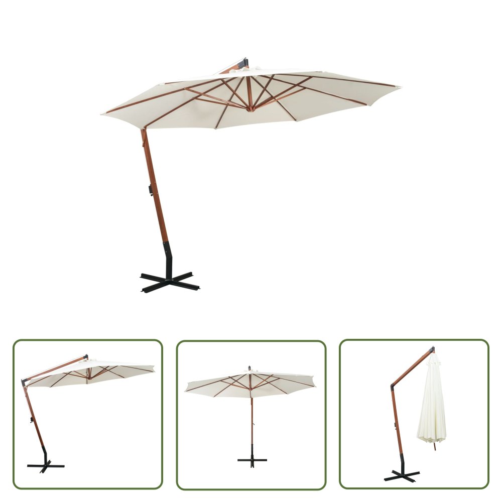 The Living Store Parasol ogrodowy wiszący - 350 cm - drewniany - biały - Wiszący Parasol
