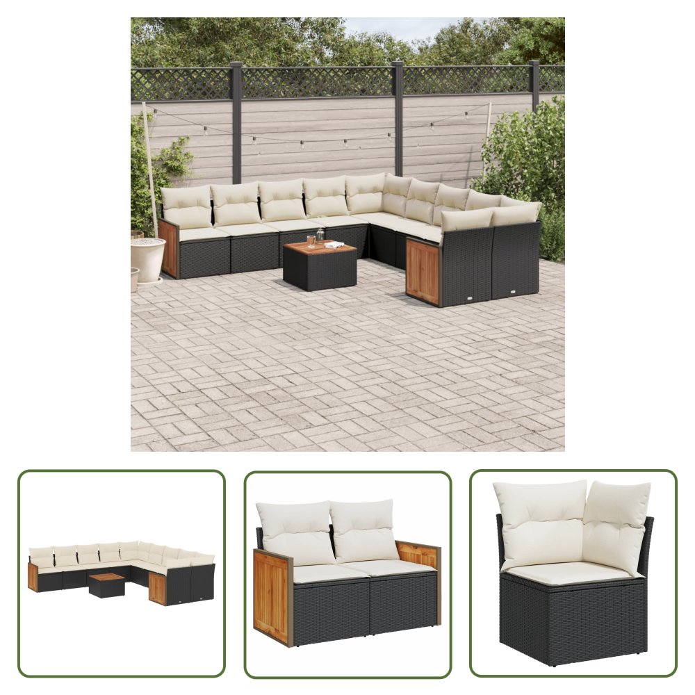 The Living Store 11-cz. zestaw wypoczynkowy do ogrodu - poduszki czarny rattan PE - Sofa Ogrodowa