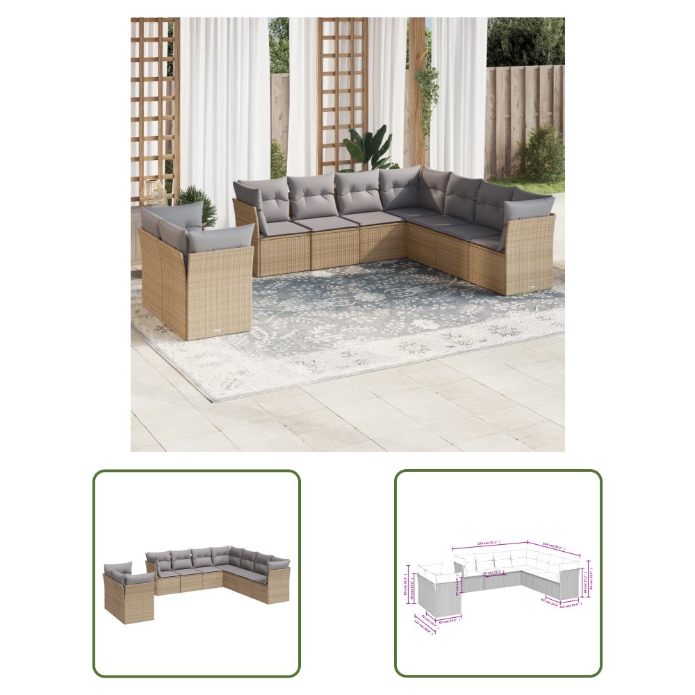 The Living Store 9-cz. zestaw mebli ogrodowych z poduszkami - beżowy - polirattan - Sofa Ogrodowa