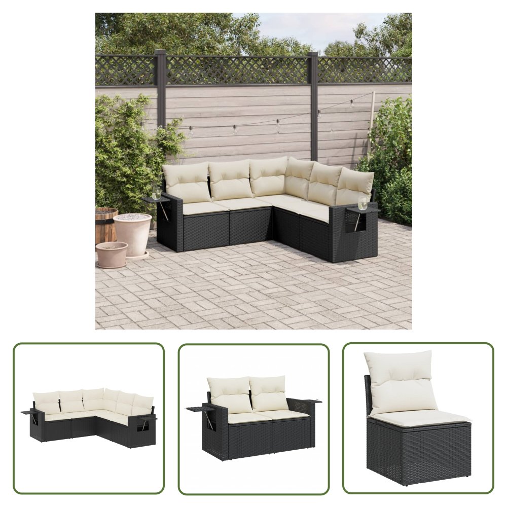 The Living Store 5-cz. zestaw wypoczynkowy do ogrodu - poduszki - czarny rattan PE - Sofa Ogrodowa