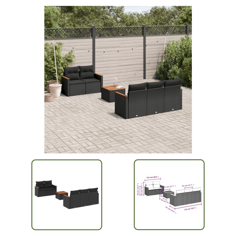 The Living Store 6-cz. zestaw mebli ogrodowych z poduszkami - czarny polirattan - Sofa Ogrodowa
