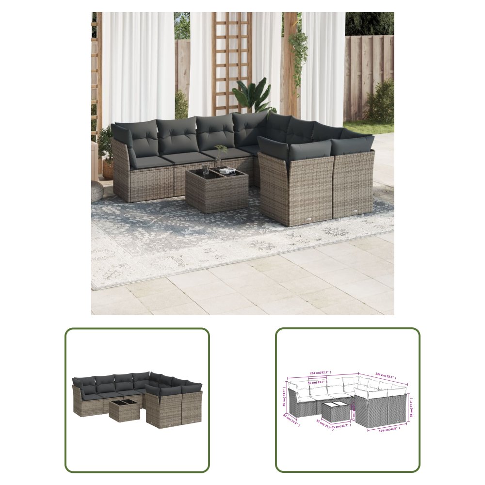 The Living Store 9-cz. zestaw mebli ogrodowych z poduszkami - szary - polirattan - Sofa Ogrodowa