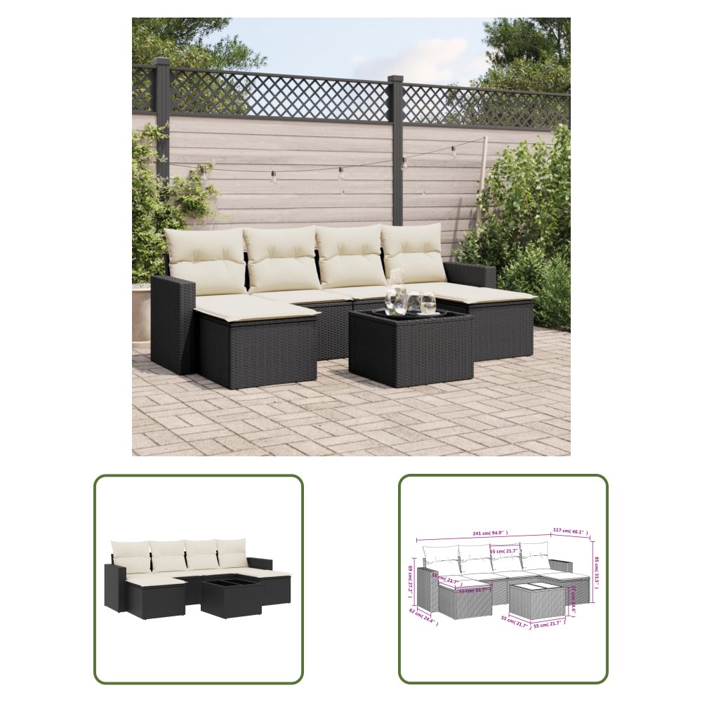 The Living Store 7-cz. zestaw wypoczynkowy do ogrodu - z poduszkami - czarny - Sofa Ogrodowa