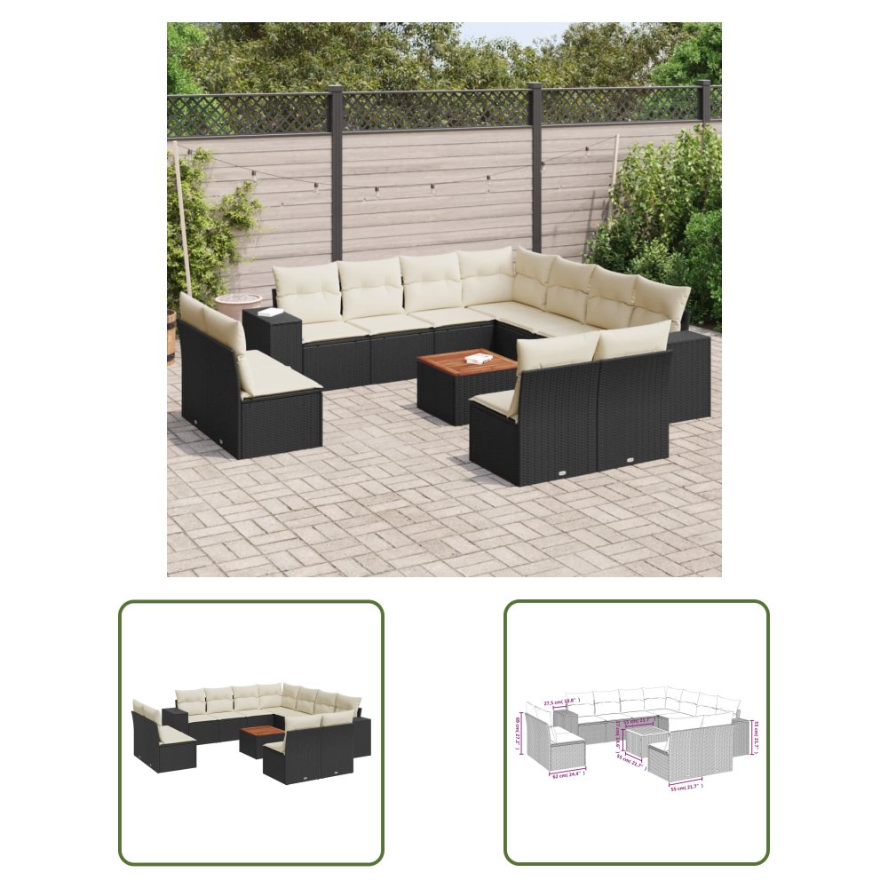 The Living Store 12-cz. zestaw mebli do ogrodu - z poduszkami - czarny - polirattan - Sofa Ogrodowa