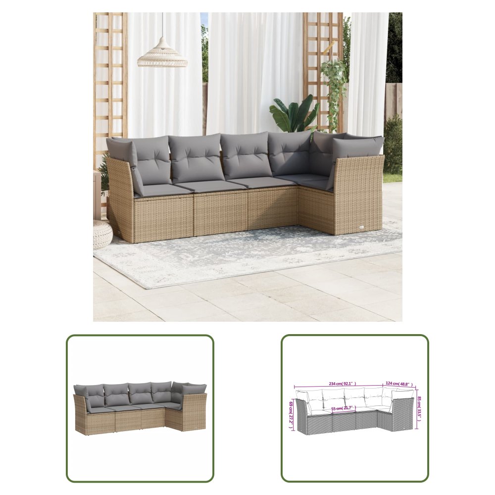 The Living Store 5-cz. zestaw mebli ogrodowych z poduszkami - beżowy - polirattan - Sofa Ogrodowa