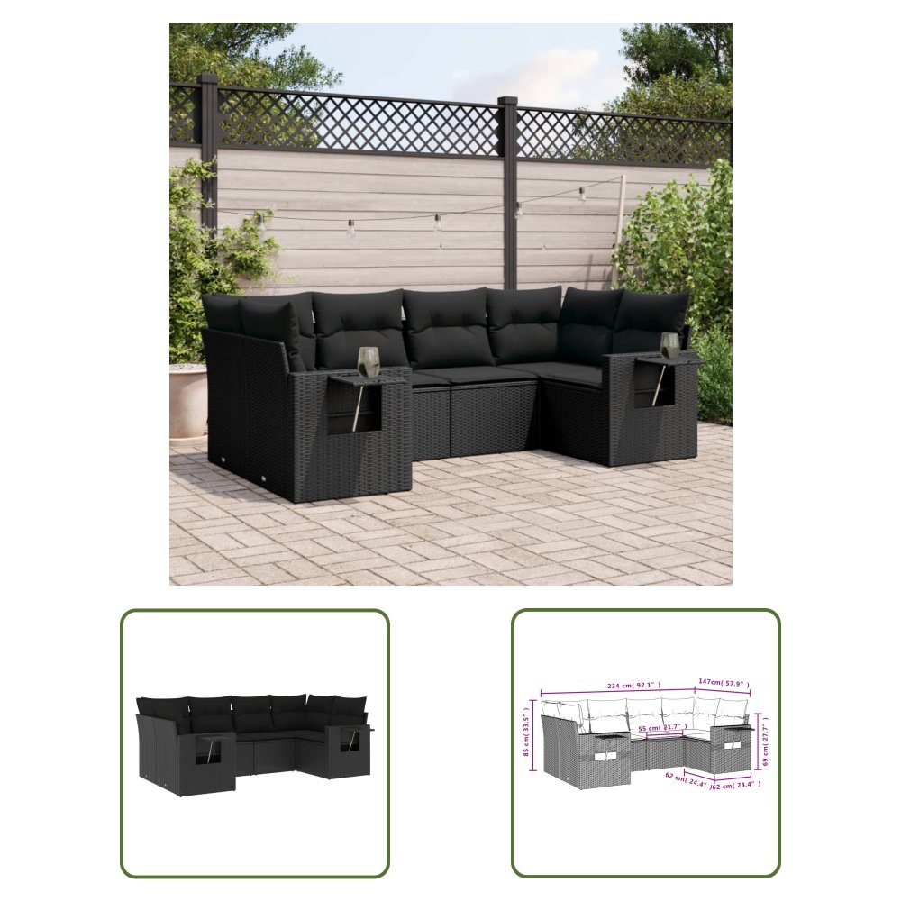 The Living Store 6-cz. zestaw mebli ogrodowych z poduszkami - czarny polirattan - Sofa Ogrodowa
