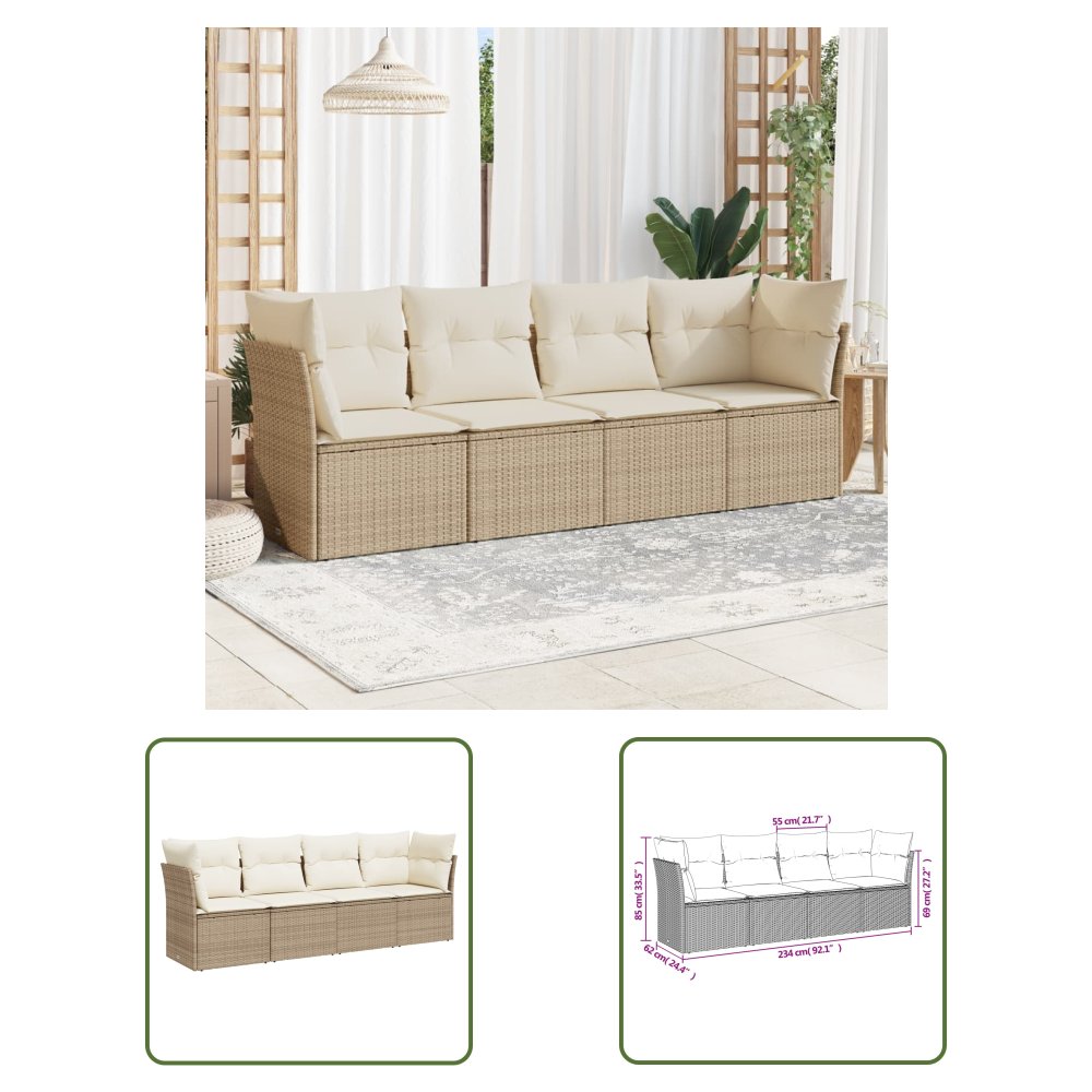 The Living Store 4-cz. zestaw mebli ogrodowych z poduszkami - beżowy - polirattan - Sofa Ogrodowa