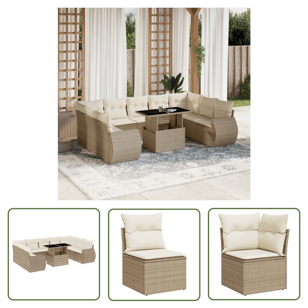 The Living Store 10-cz. zestaw mebli ogrodowych z poduszkami - beżowy - polirattan - Sofa Ogrodowa