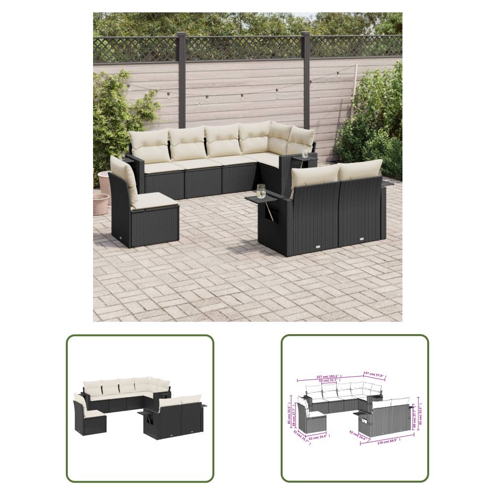 The Living Store 8-cz. zestaw wypoczynkowy do ogrodu - z poduszkami - czarny - Sofa Ogrodowa