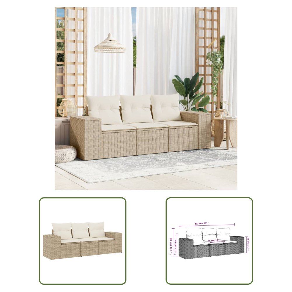 The Living Store 3-cz. zestaw mebli ogrodowych z poduszkami - beżowy - polirattan - Sofa Ogrodowa