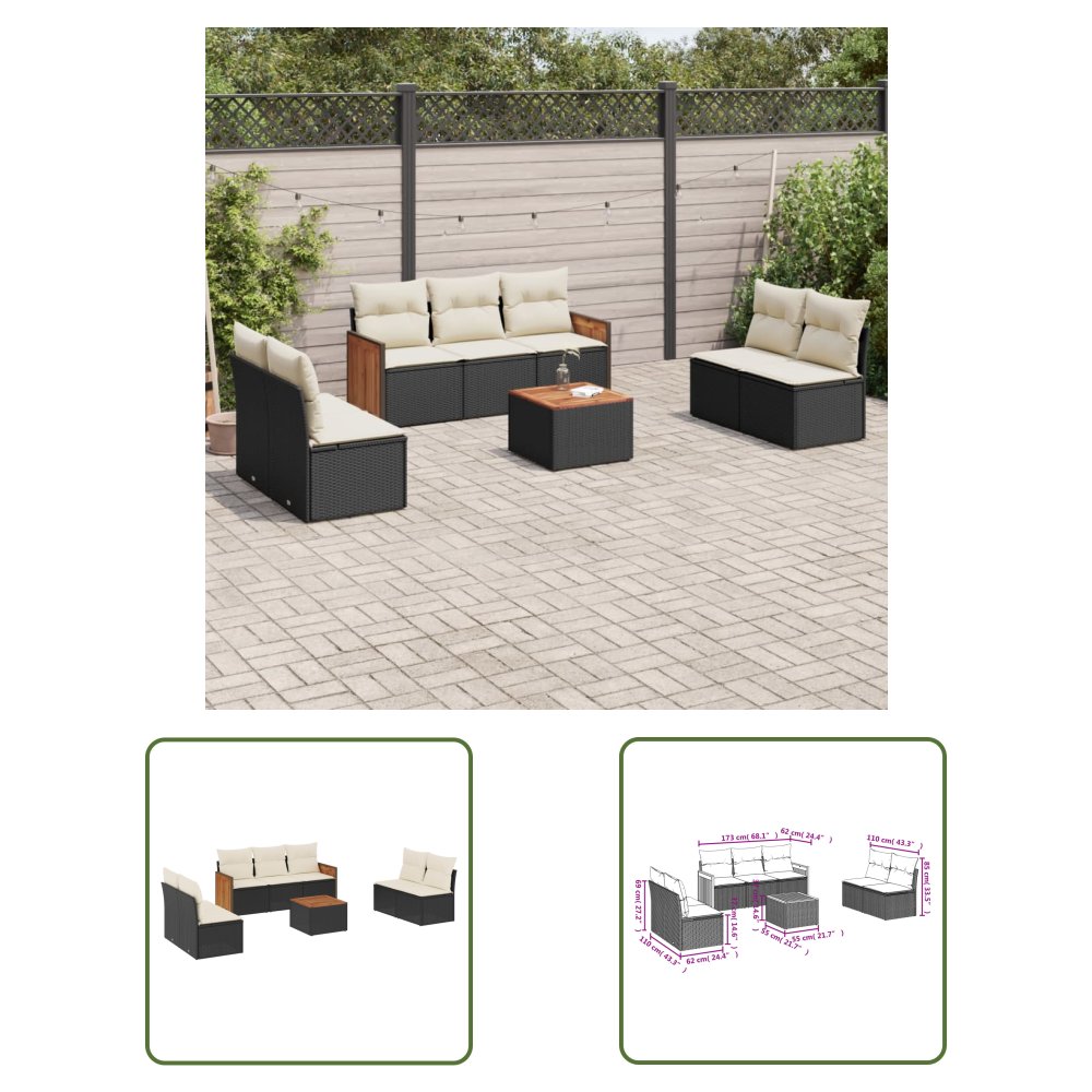 The Living Store 8-cz. zestaw wypoczynkowy do ogrodu - z poduszkami - czarny - Sofa Ogrodowa