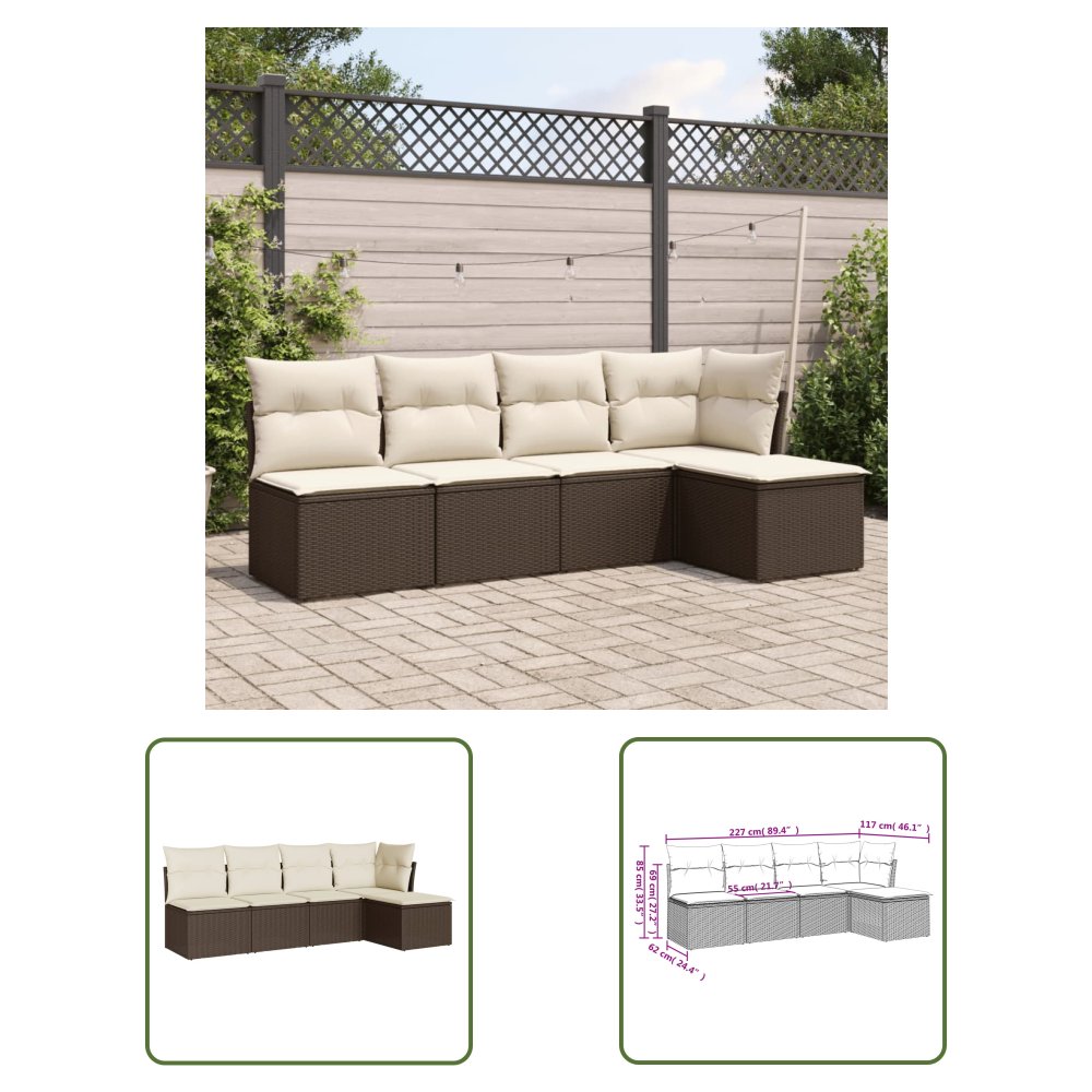 The Living Store 5-cz. zestaw mebli ogrodowych z poduszkami - brązowy - polirattan - Sofa Ogrodowa