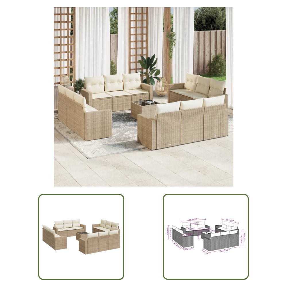 The Living Store 13-cz. zestaw mebli ogrodowych z poduszkami - beżowy - polirattan - Sofa Ogrodowa