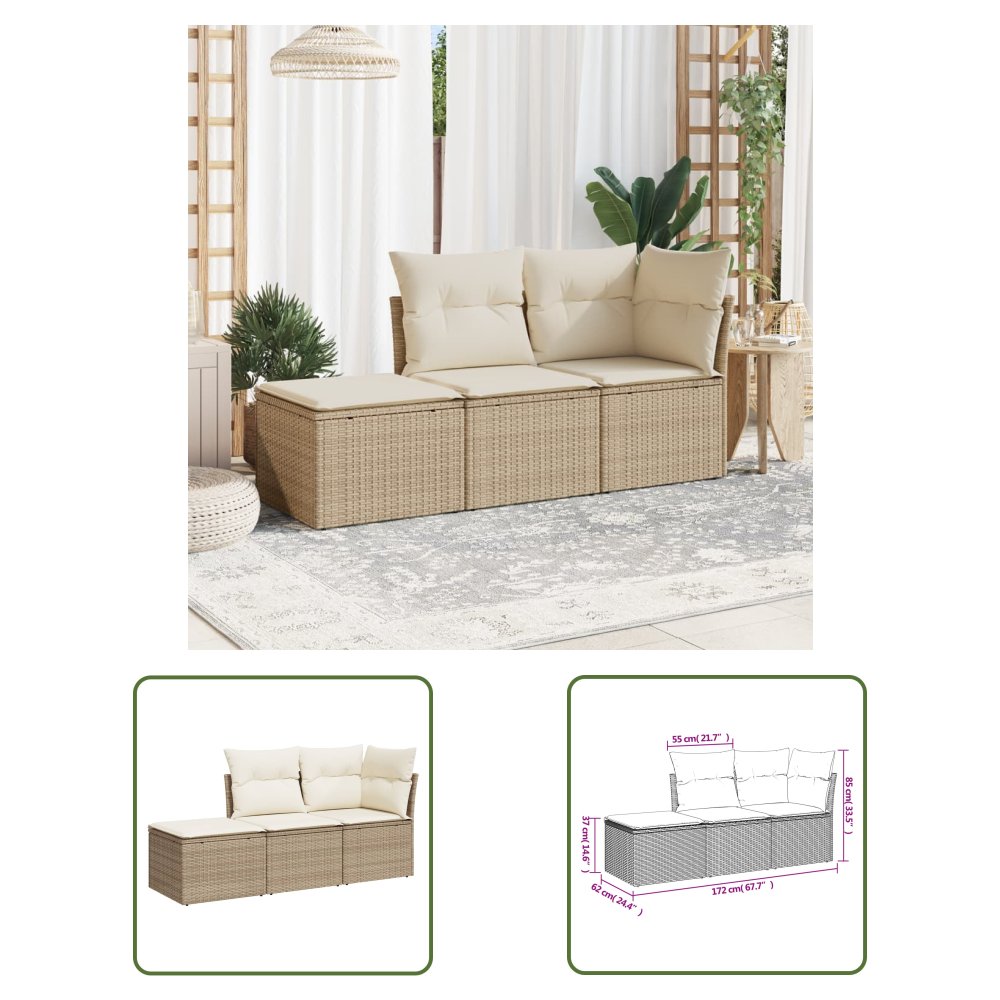 The Living Store 3-cz. zestaw mebli ogrodowych z poduszkami - beżowy - polirattan - Sofa Ogrodowa