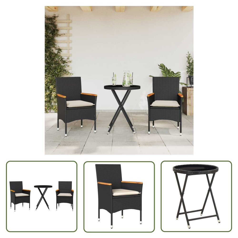 The Living Store 3-cz. zestaw bistro z poduszkami - czarny - polirattan i szkło - Meble Ogrodow