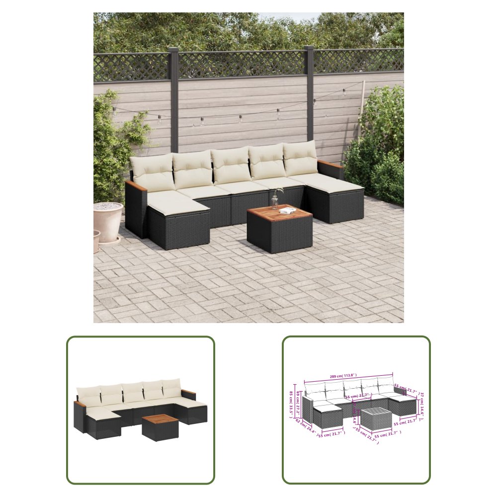 The Living Store 8-cz. zestaw wypoczynkowy do ogrodu - z poduszkami - czarny - Sofa Ogrodowa