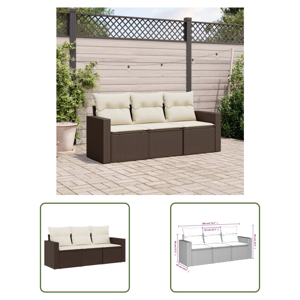 The Living Store 3-cz. zestaw wypoczynkowy do ogrodu - poduszki - brąz - polirattan - Sofa Ogrodowa