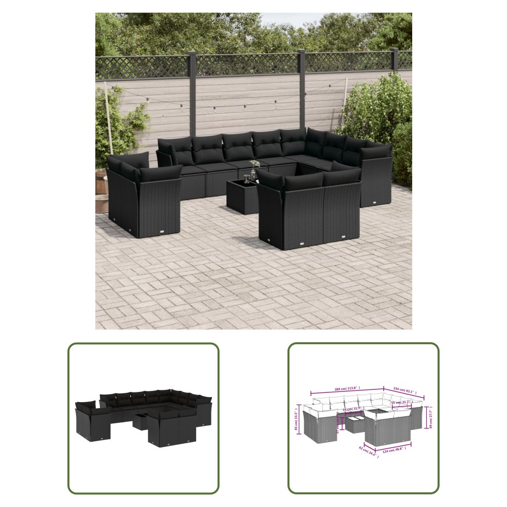 The Living Store 13-cz. zestaw mebli do ogrodu - poduszki - czarny - rattan PE - Sofa Ogrodowa