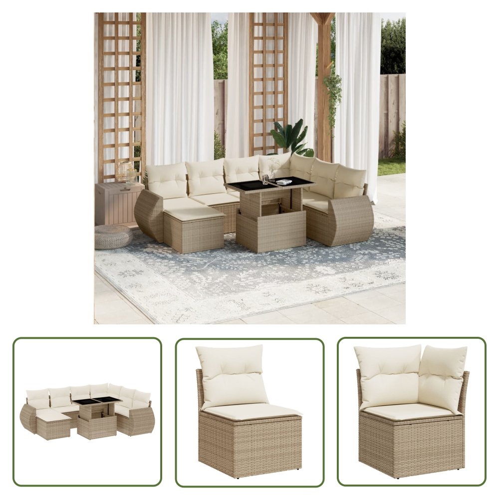 The Living Store 8-cz. zestaw mebli ogrodowych z poduszkami - beżowy - polirattan - Sofa Ogrodowa