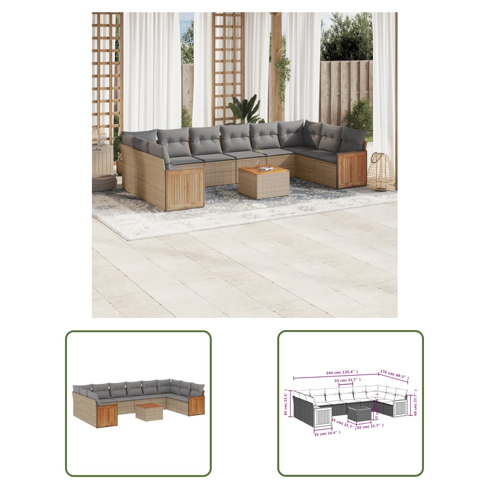 The Living Store 11-cz. zestaw mebli ogrodowych z poduszkami - beżowy - polirattan - Sofa Ogrodowa