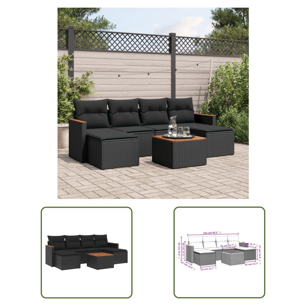 The Living Store 7-cz. zestaw wypoczynkowy do ogrodu - z poduszkami - czarny - Sofa Ogrodowa