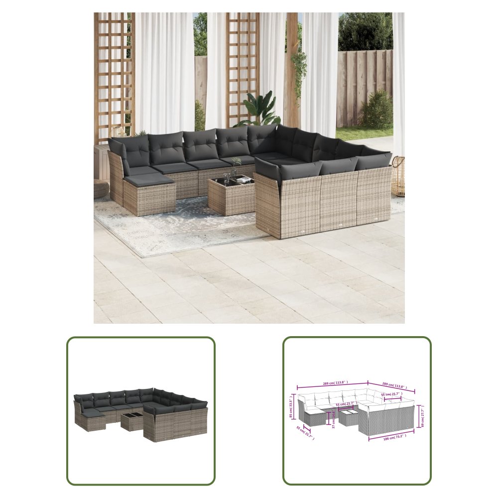 The Living Store 13-cz. zestaw mebli ogrodowych z poduszkami - szary - polirattan - Sofa Ogrodowa