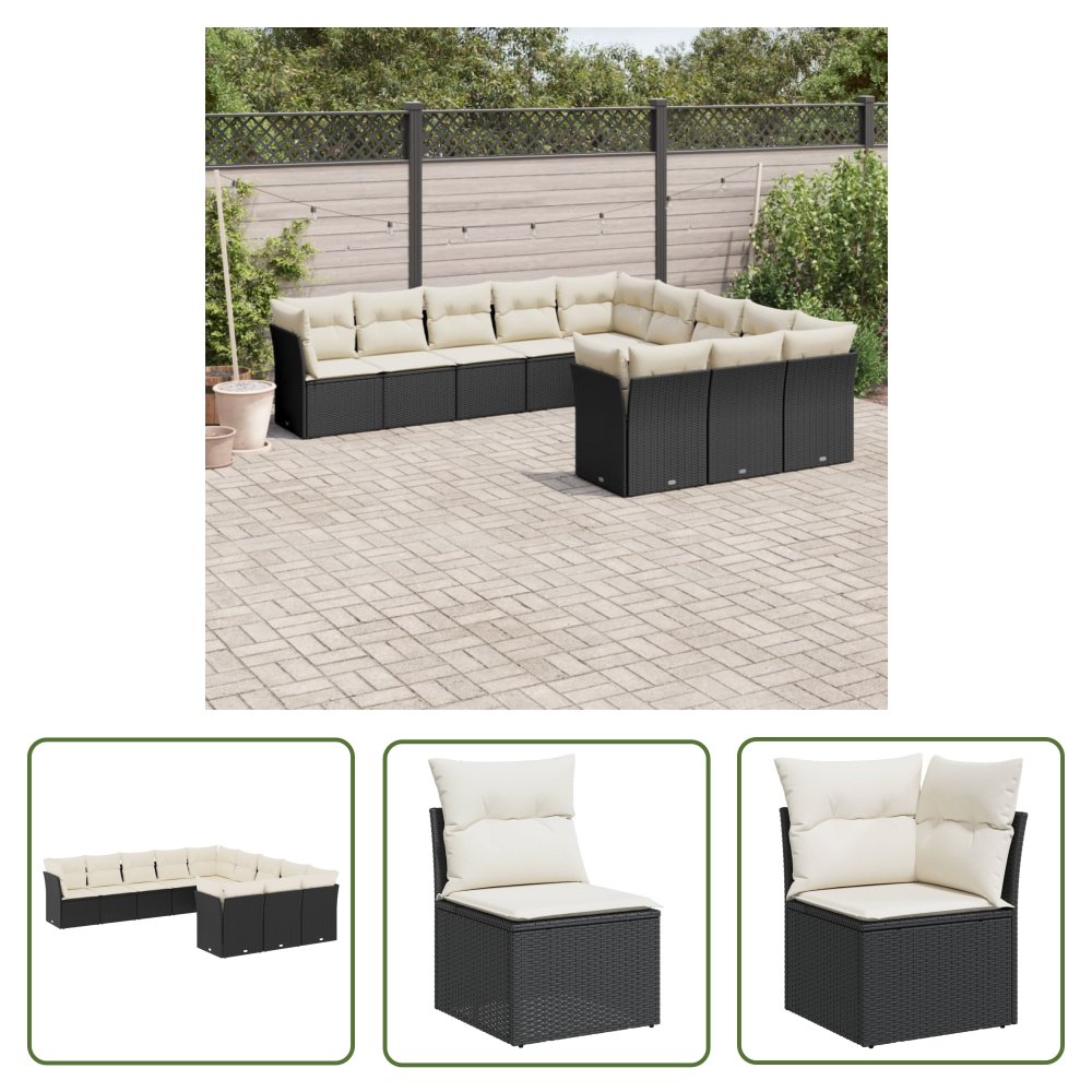 The Living Store 11-cz. zestaw wypoczynkowy do ogrodu - poduszki czarny rattan PE - Sofa Ogrodowa