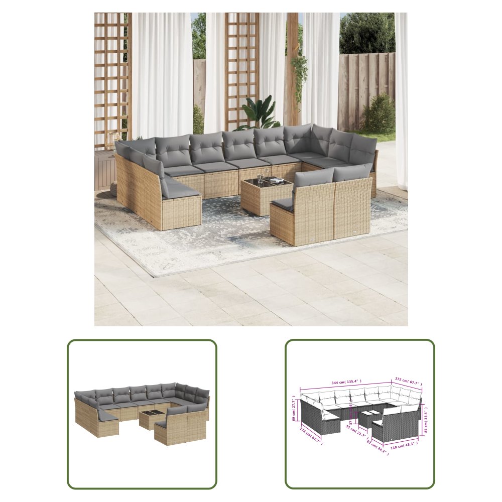 The Living Store 13-cz. zestaw mebli ogrodowych z poduszkami - beżowy - polirattan - Sofa Ogrodowa