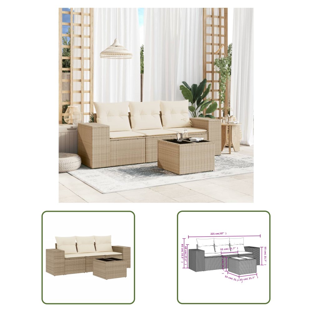 The Living Store 4-cz. zestaw mebli ogrodowych z poduszkami - beżowy - polirattan - Sofa Ogrodowa