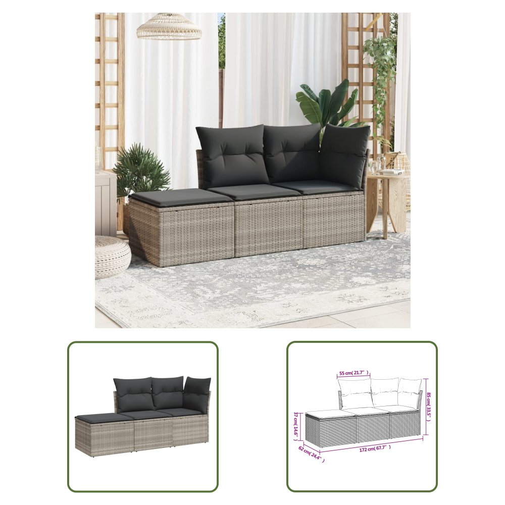 The Living Store 3-cz. zestaw mebli ogrodowych - poduszki - jasnoszary - polirattan - Sofa Ogrodowa