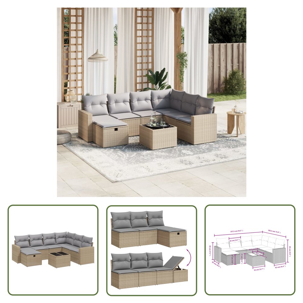 The Living Store 8-cz. zestaw mebli ogrodowych z poduszkami - mieszany beż - Sofa Ogrodowa