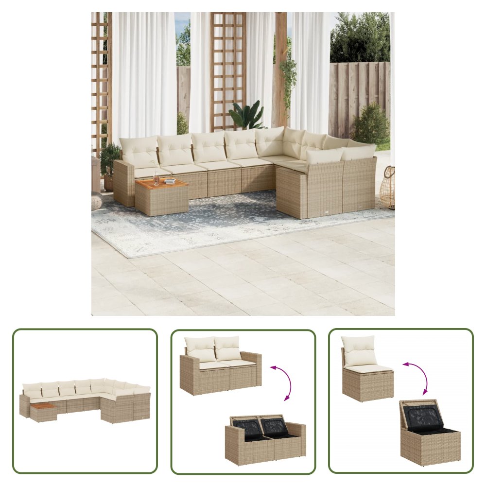 The Living Store 10-cz. zestaw mebli ogrodowych z poduszkami - beżowy - polirattan - Sofa Ogrodowa