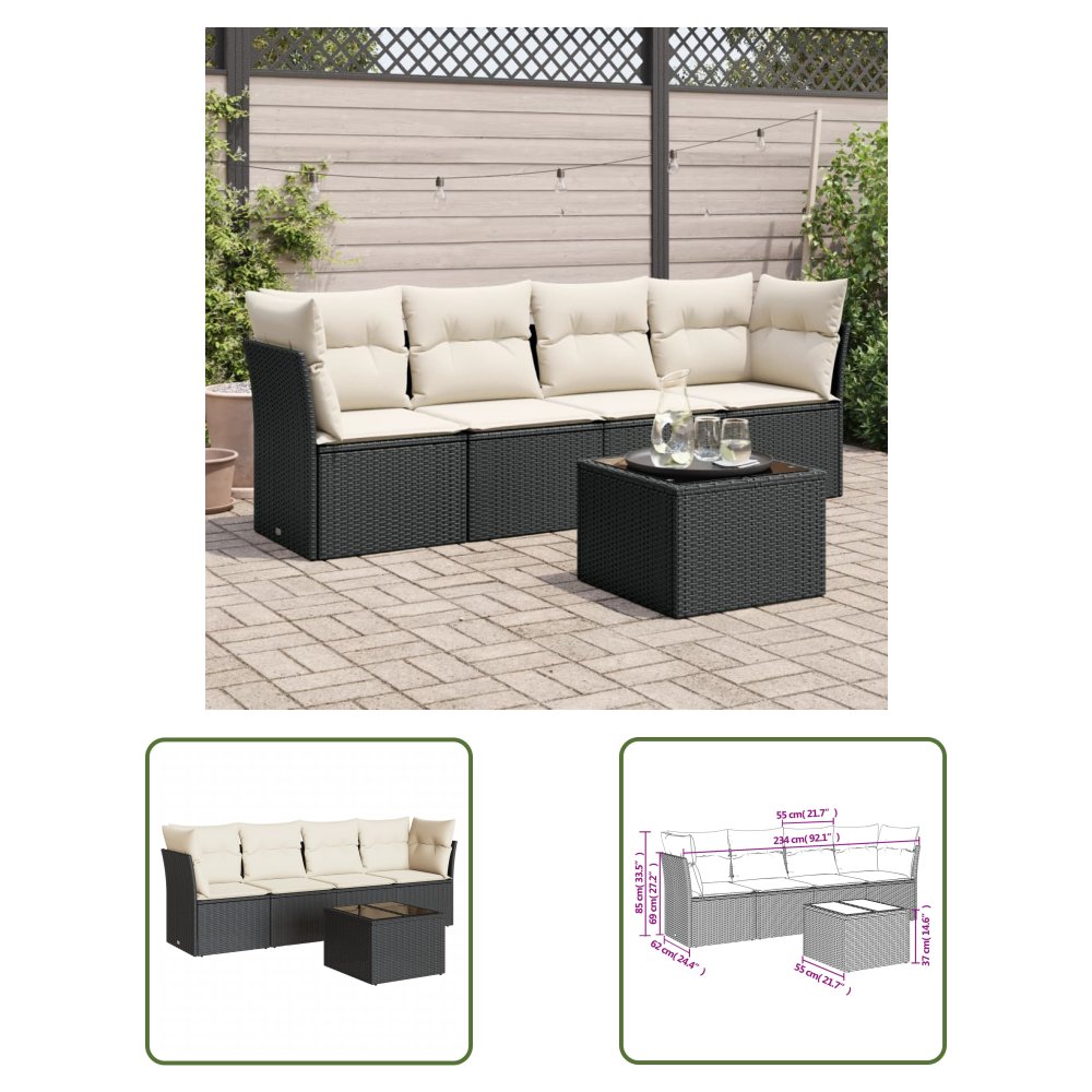 The Living Store 5-cz. zestaw wypoczynkowy do ogrodu - poduszki - czarny rattan PE - Sofa Ogrodowa