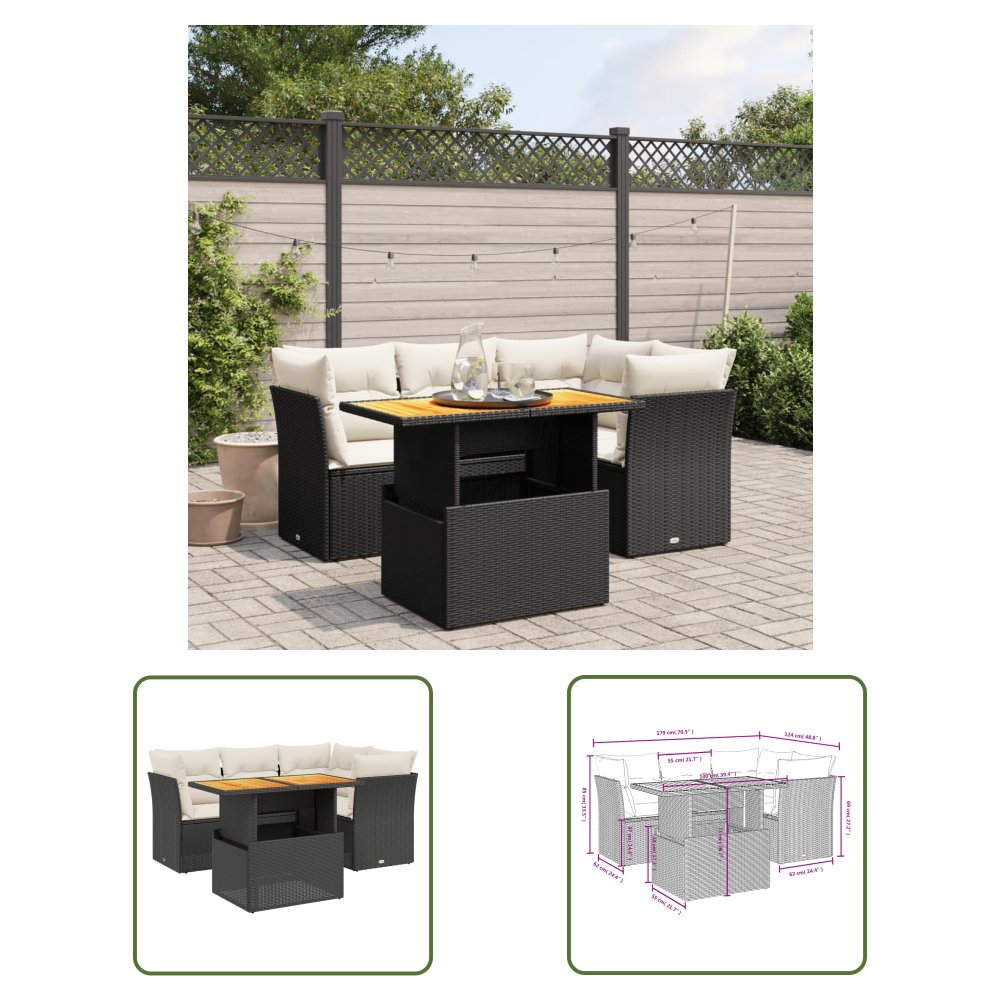 The Living Store 5-cz. zestaw wypoczynkowy do ogrodu - poduszki - czarny rattan PE - Sofa Ogrodowa