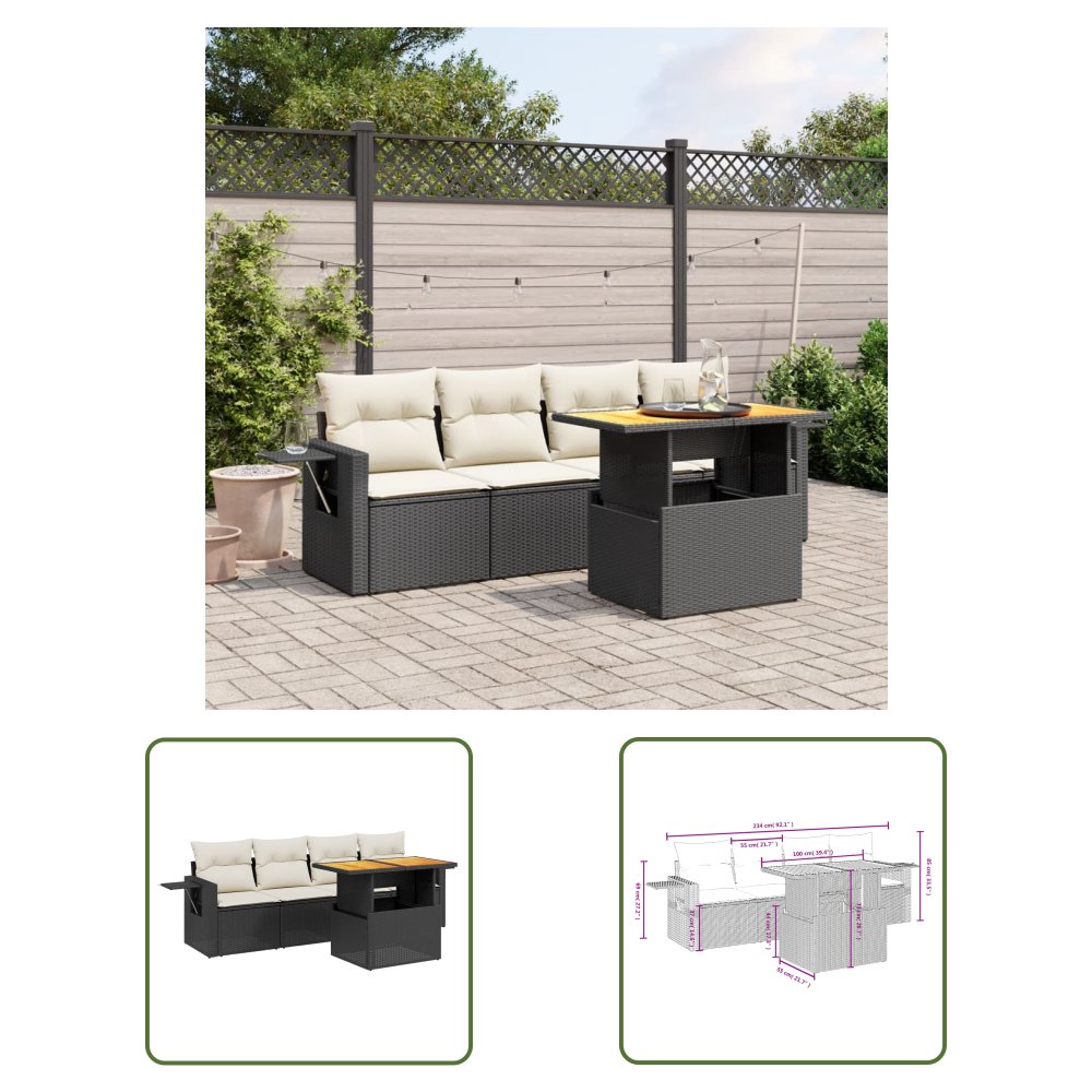 The Living Store 5-cz. zestaw wypoczynkowy do ogrodu - poduszki - czarny rattan PE - Sofa Ogrodowa