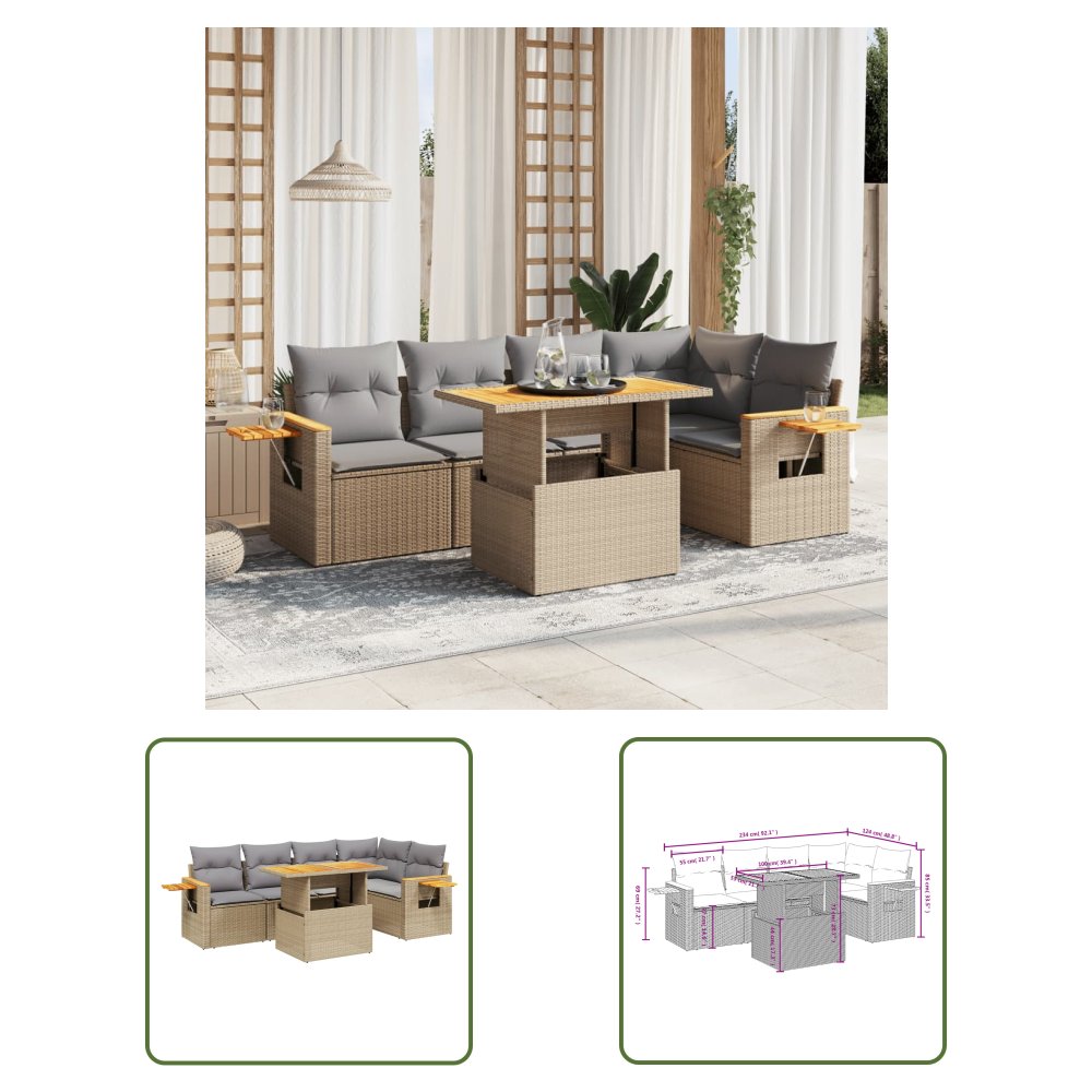 The Living Store 6-cz. zestaw mebli ogrodowych z poduszkami - beżowy - polirattan - Sofa Ogrodowa