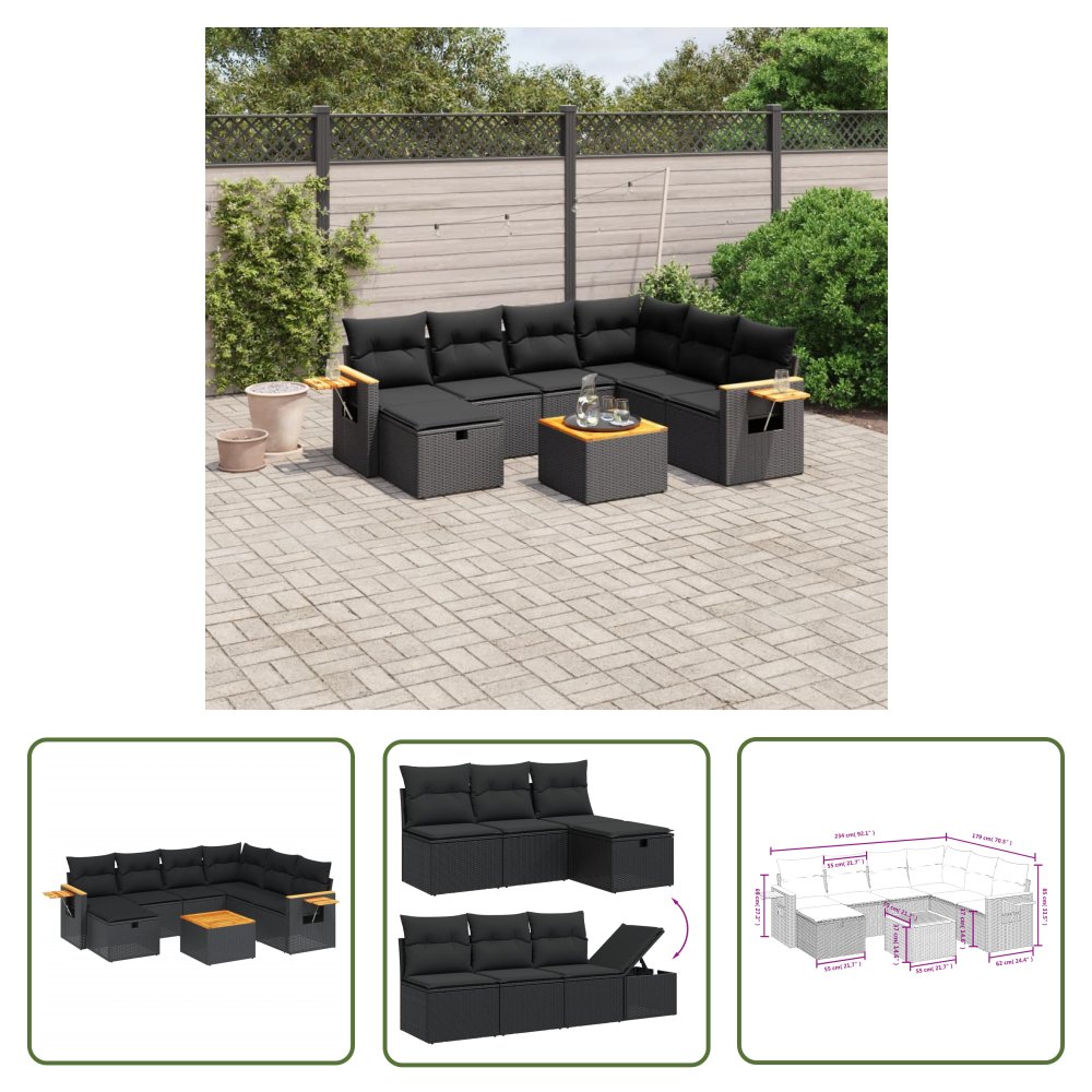 The Living Store 8-cz. zestaw wypoczynkowy do ogrodu - z poduszkami - czarny - Sofa Ogrodowa