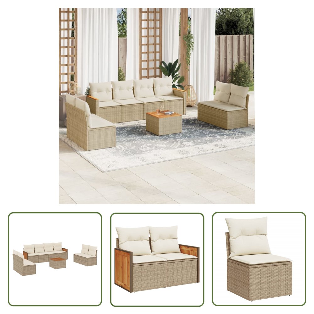 The Living Store 9-cz. zestaw mebli ogrodowych z poduszkami - beżowy - polirattan - Sofa Ogrodowa